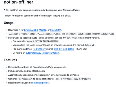 notion-offliner: a CLI tool to create offline backups Notion.so spaces.